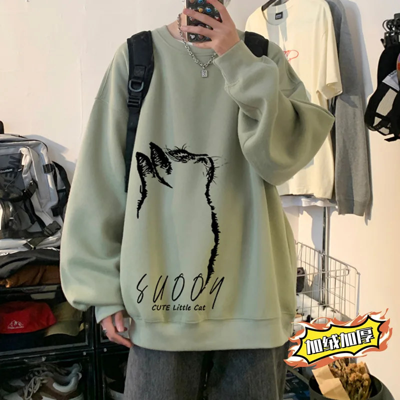 

Hoodless Sweater Men's Spring, Autumn and Winter Pullover Round Neck Long-sleeved T-shirt Fleece Thickened Top