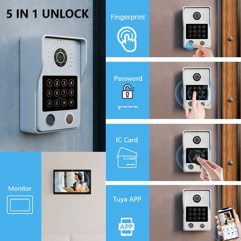 ANJIELO 指紋認証 5in1 ロック解除 Tuya スマートビジュアル電話ビデオインターホンシステムビデオドアベルカメラモーション検出器付き 1080P