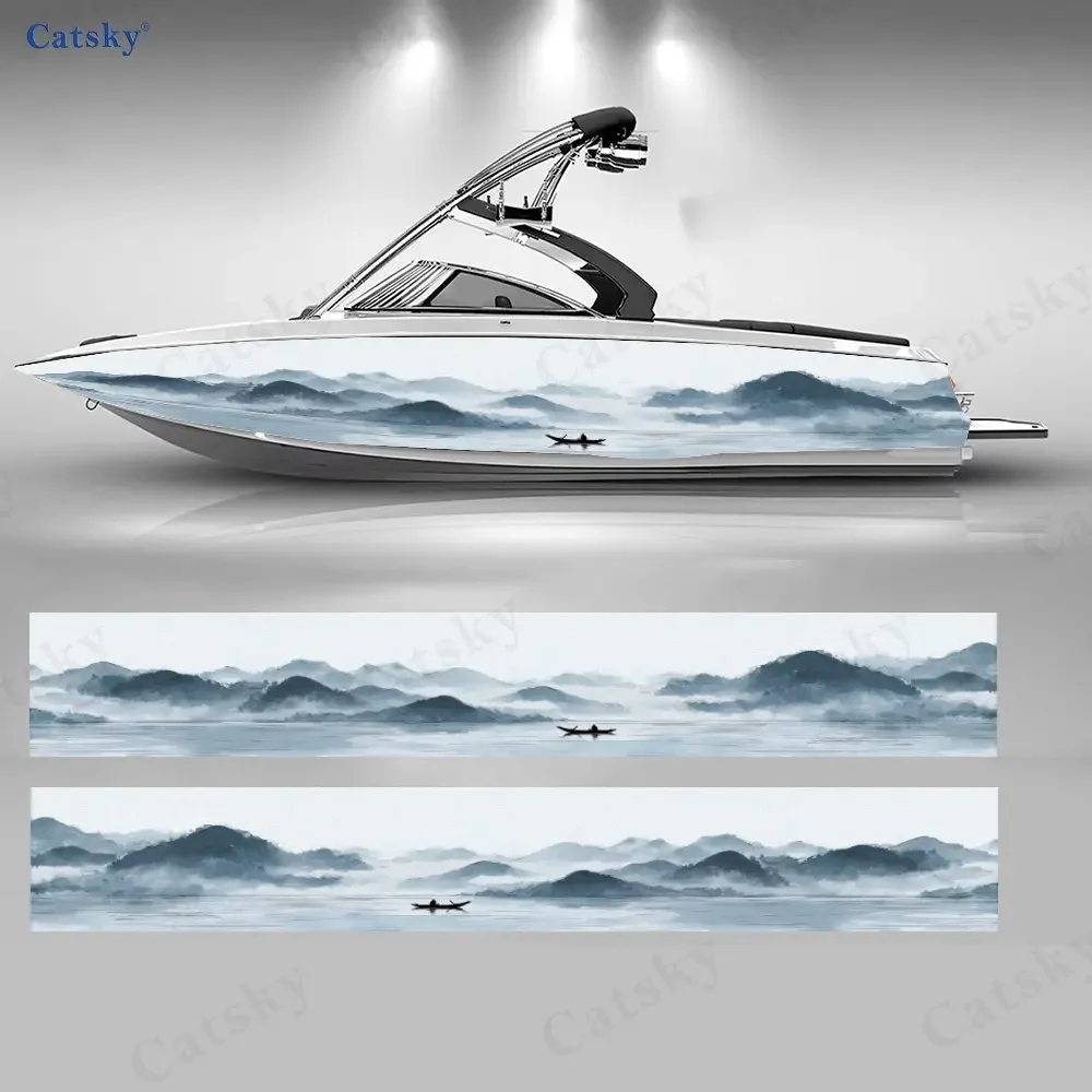 White Space Mountain & Fisherman Boat Stickers, PVC Waterproof Vinyl Wrap Decals for Fishing Boats, Durable and Stylish Design