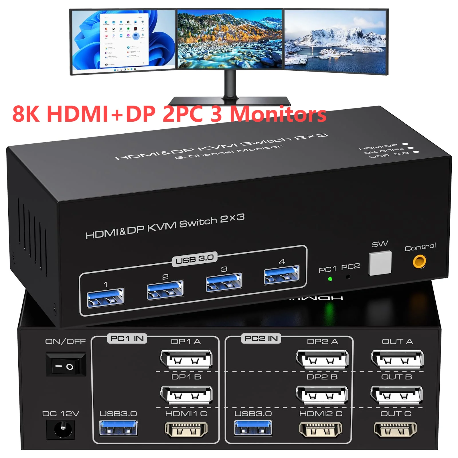 8K Triple 2 Displayport HDMI USB 3.0 KVM Switch 3 Monitors 2 Computers 4K 144Hz 2x3 Triple Monitor KVM Keyboard Mouse Switcher