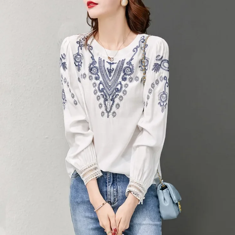 

Luneh Youthful Shirts, Paisley Contrast Embroidery, Dropped Shoulders, Bohemian White Shirts, Long Sleeve Tops