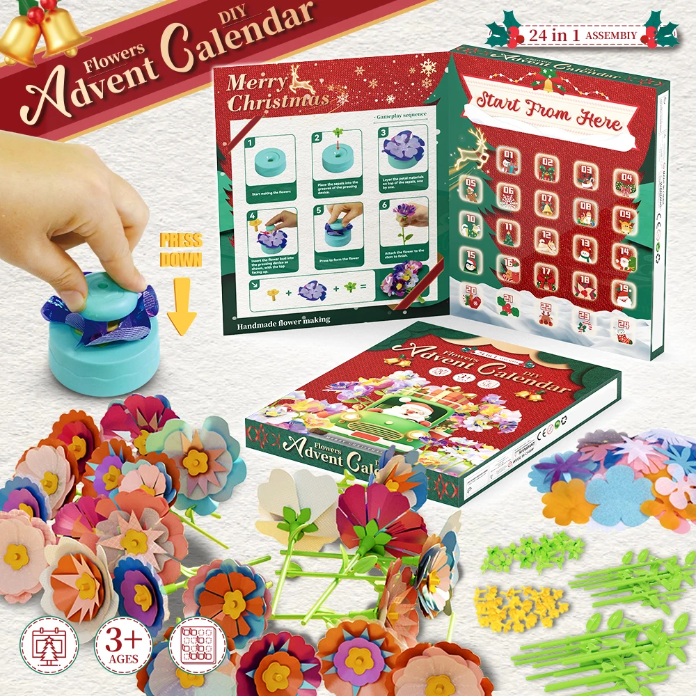 Christmas Surprise Toy 24-Day Countdown Calendar, Flower Surprise Gift Box Handmade Bouquet Toy Set Diy Flower Making Set