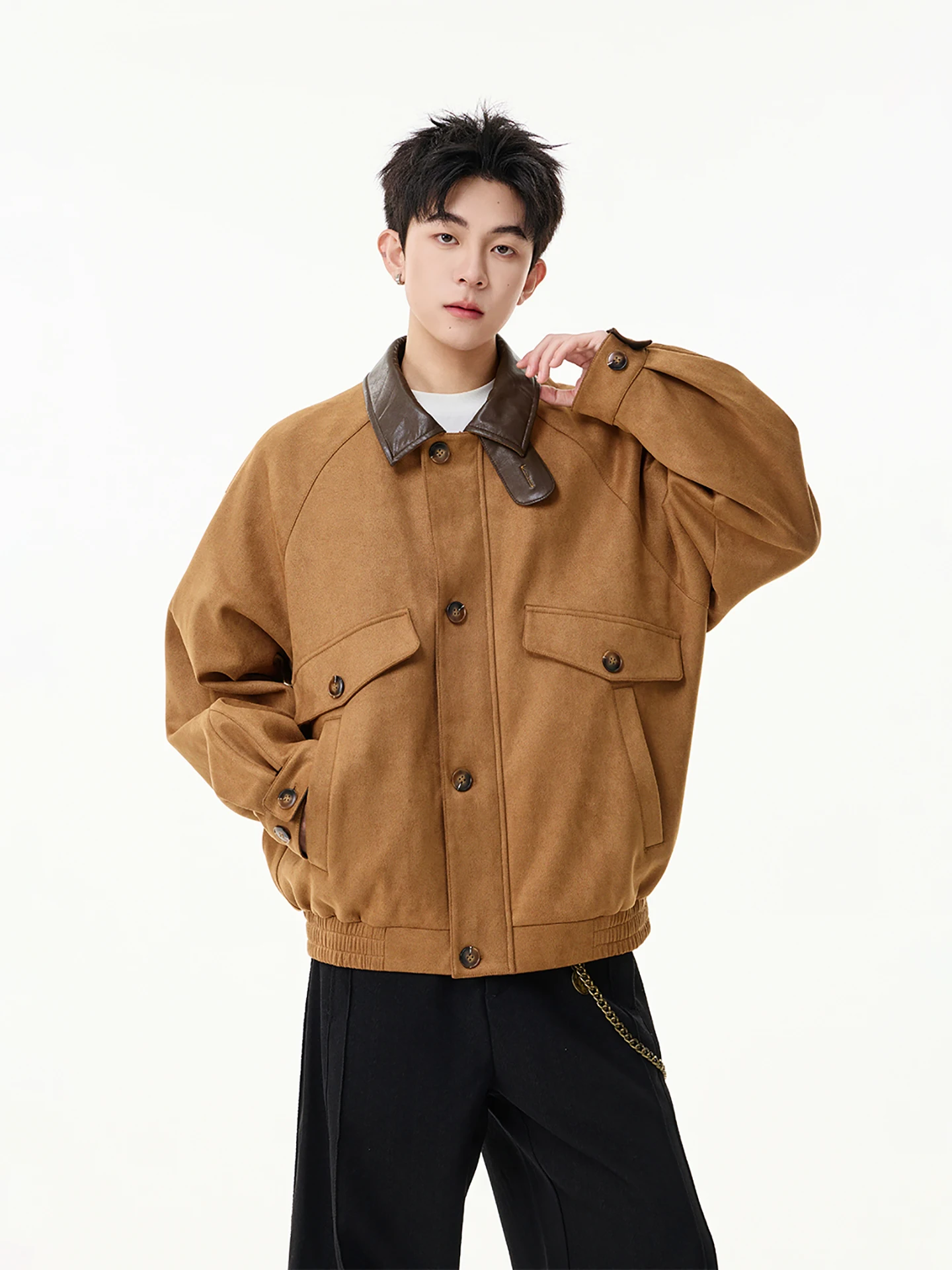 

Мужская ретро-куртка Boyue из замши в стиле рабочей одежды, модная повседневная куртка с кожаным воротником, свободный крой, полиэстер, весна-осень-зима