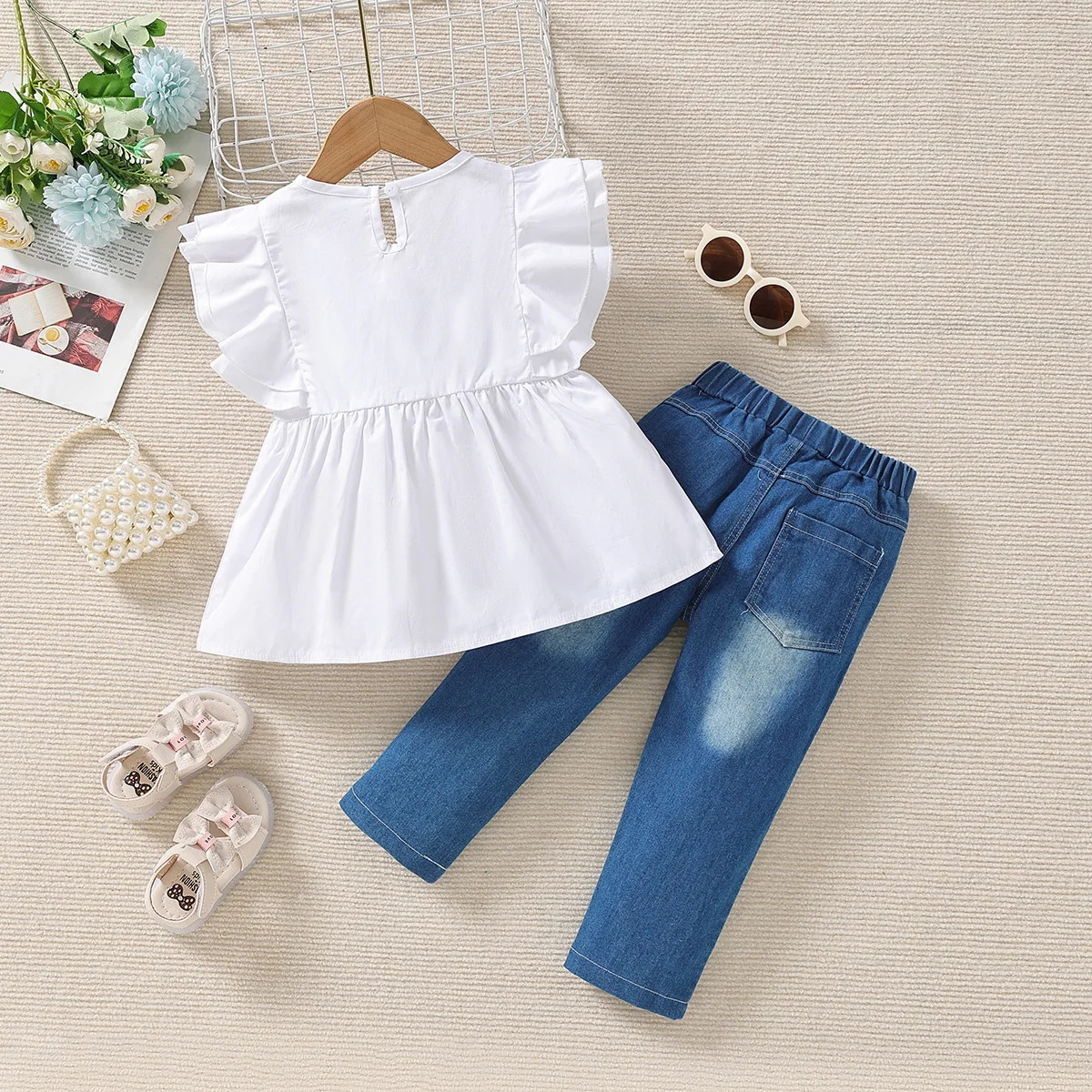 Samgami baby children's clothing girls suit summer flying sleeve ruffle top with pearl jeans 2-piece set image 2