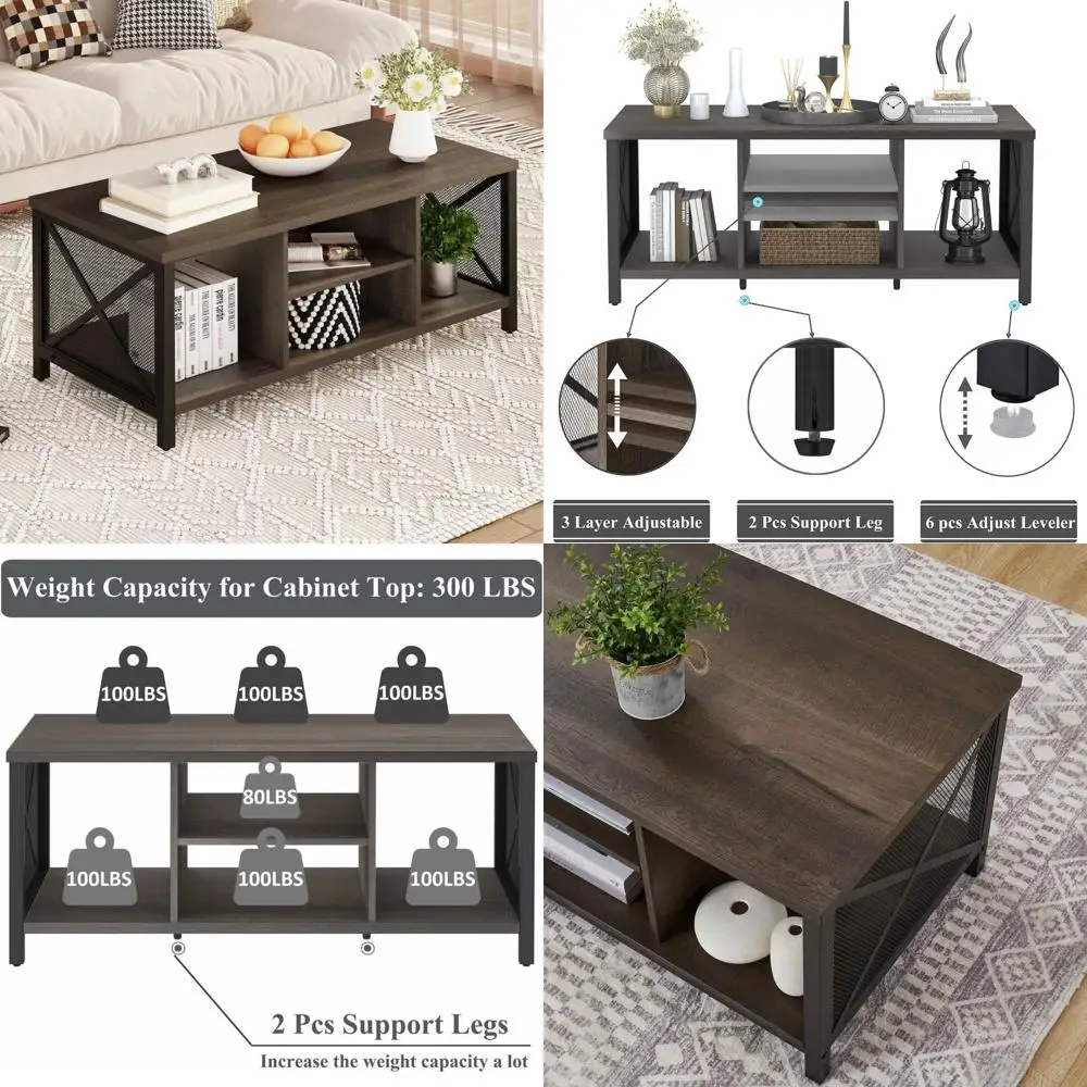 Rustic Farmhouse Coffee Table, Dark Wood Rectangular Center Table for Living Room, Industrial Style Walnut Cocktail Table
