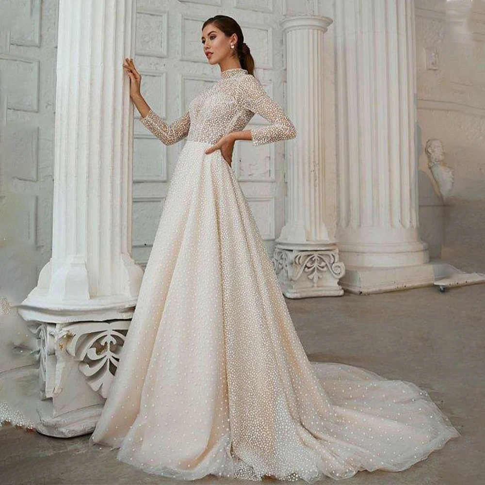 

Shiny High Neck Full Sleeves Polla Dot Tulle A Line Wedding Dresses Sweep Train Custom Made 2024 Vestido De Noival