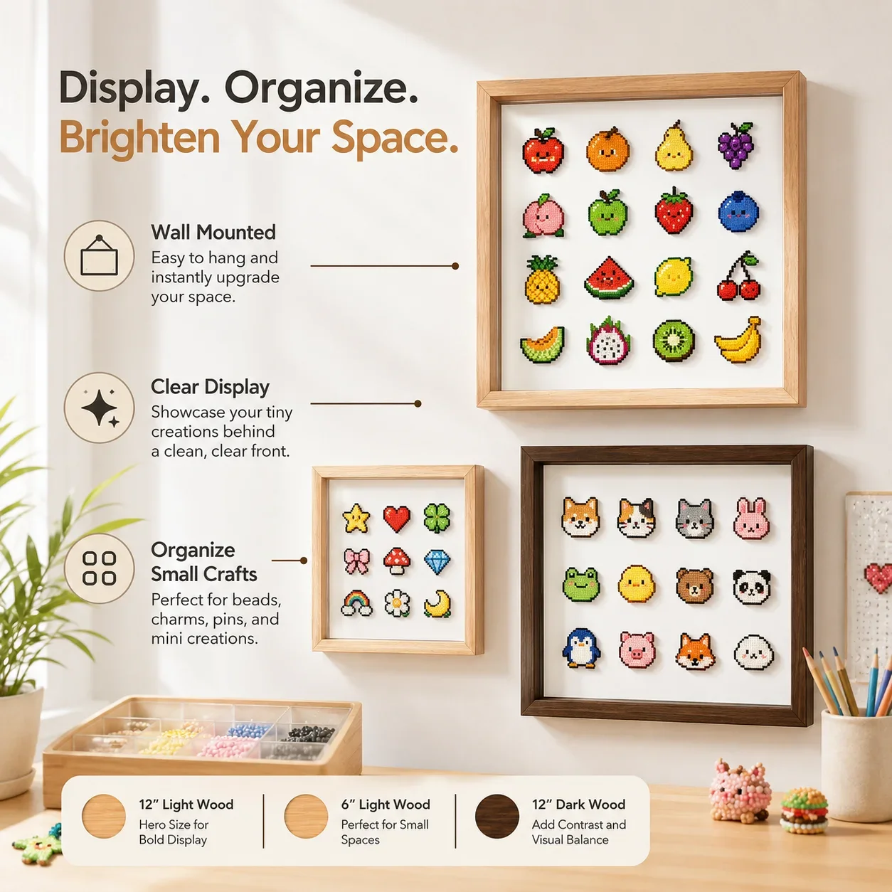 Wall Mounted Square Craft Display Frame with Clear Acrylic Panel for Fuse Bead Art Patches Photos and DIY Home Decor