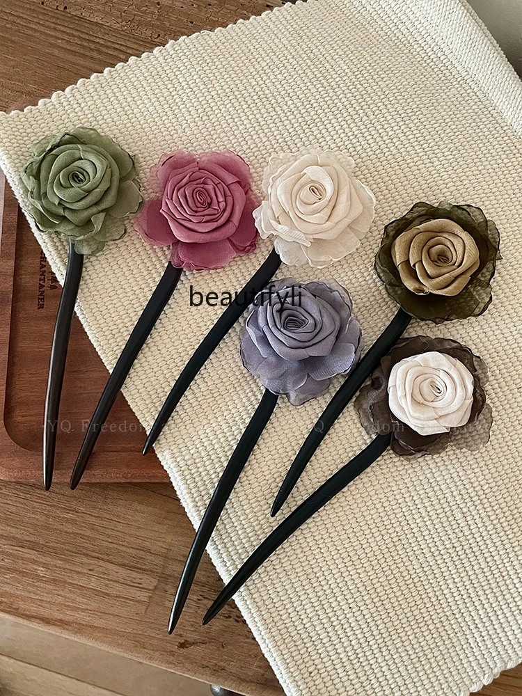 New Chinese Style Net Yarn Flowers Antique Wooden Hairpin Female Hanfu Ancient Costume Updo Hair Clasp Head Accessories