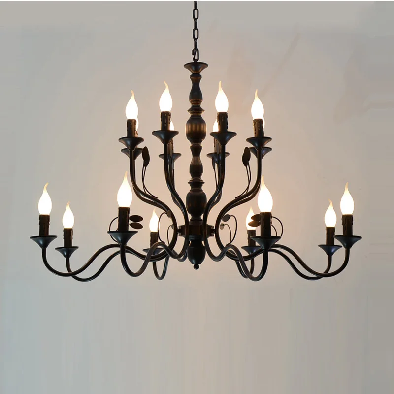Iluminación de araña Industrial Vintage negra para cocina, candelabros Led de techo para sentarse, vela de hierro para comedor, luminaria Led
