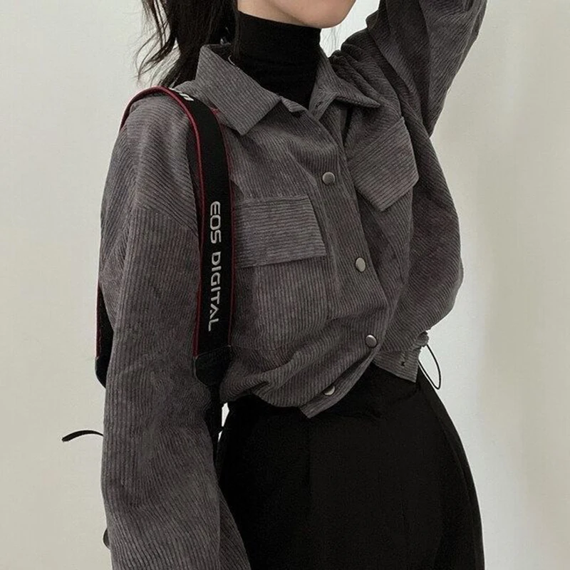 Blusa Rimocy-cropped com bolsos para mulheres, manga longa, veludo chique, jaqueta curta com cordão, casacos coreanos selvagens de cor sólida