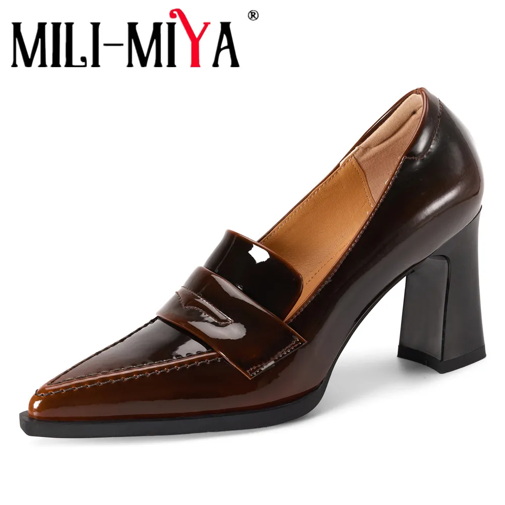 

MILI-MIYA Women New Pointed-Toe Calfskin High-Heel Shoes Solid-Colour Slip-On Style Extra-Tall Chunky Heel Plus-Size Fashion