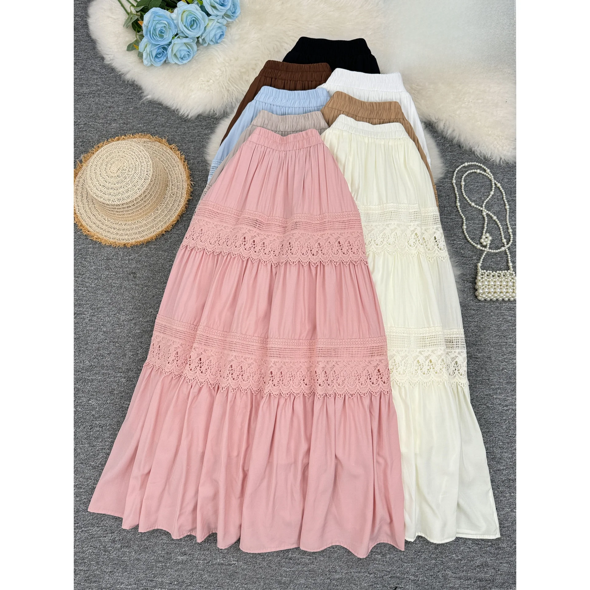 

Elegant Embroidered Panel Skirt Midi A-Line Skirt Women's High Waist Loose Fit Cotton Blend Fabric Artistic Style Half-length