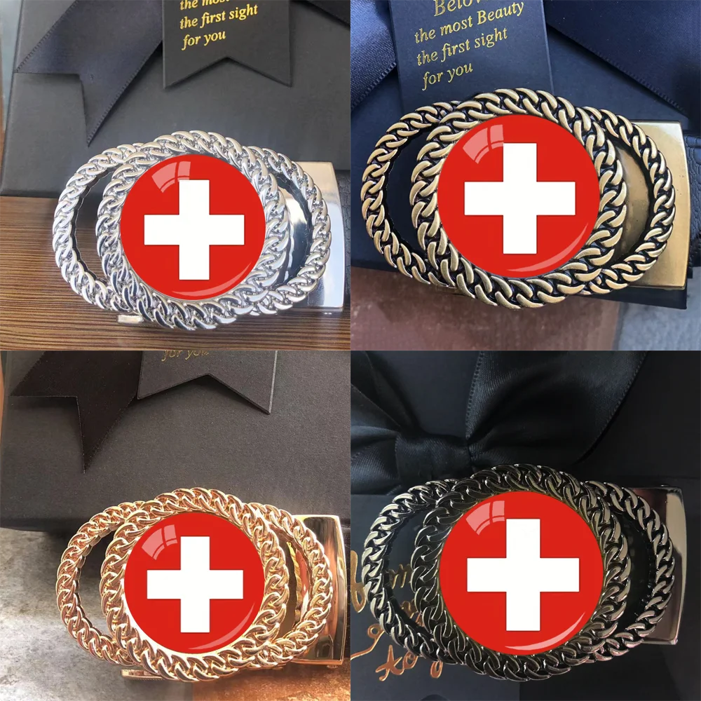 Swiss flag pattern automatic ratchet belt buckle fashion personalized waist accessory best gift for patriots