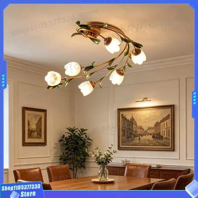 Modern French Ceiling Lamp Nordic Simple Bedroom Light Creative Pastoral Flower Design Retro American Style Restaurant