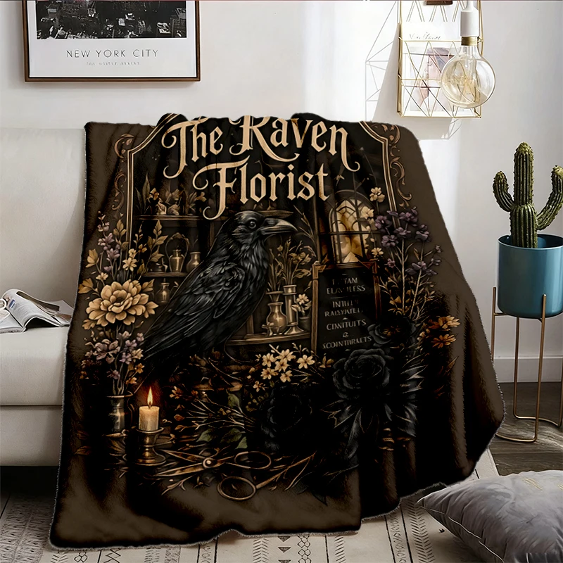 Raven Florist Flannel Throw, Comfort Colors Halloween Cozy Blanket, Gothic Raven Floral Warm Blanket, Dark Cottagecore S