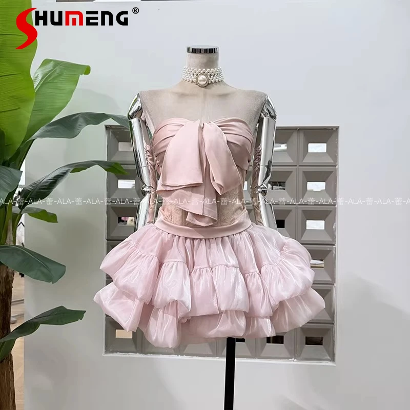 

Women 2026 Summer New 2pcs Chic Sexy Trendy Nice Lace Splicing Tube Tops Feminine Sleeveless Tops Half Skirts Stylish Dress Sets