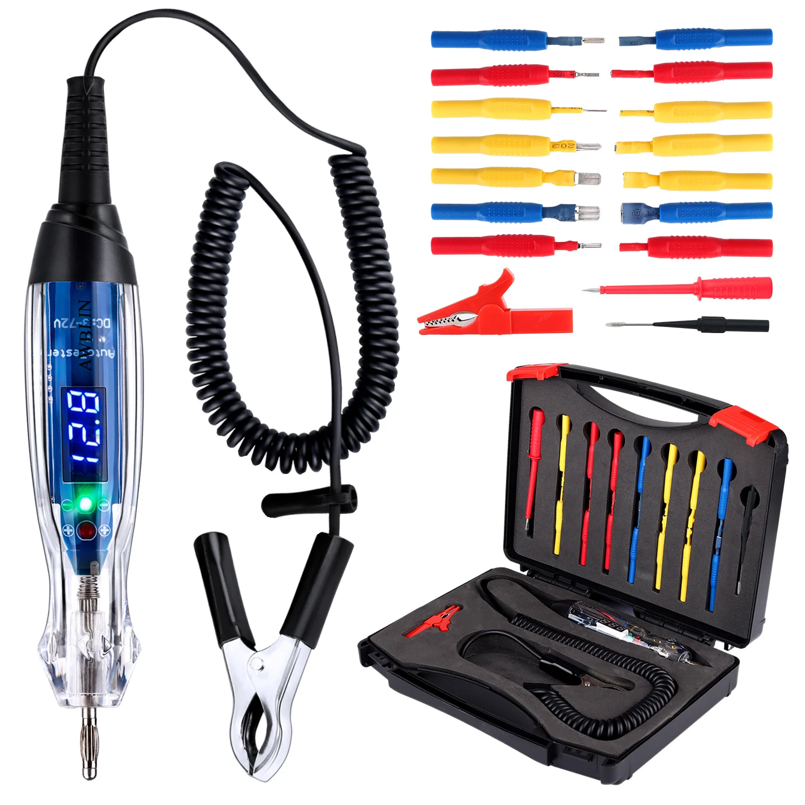 AWBLIN Test Light Probe Kit, 3-72V DC LED Digital Automotive Circuit Tester with Voltmeter, 18 Pieces Multi Function Auto Fuse