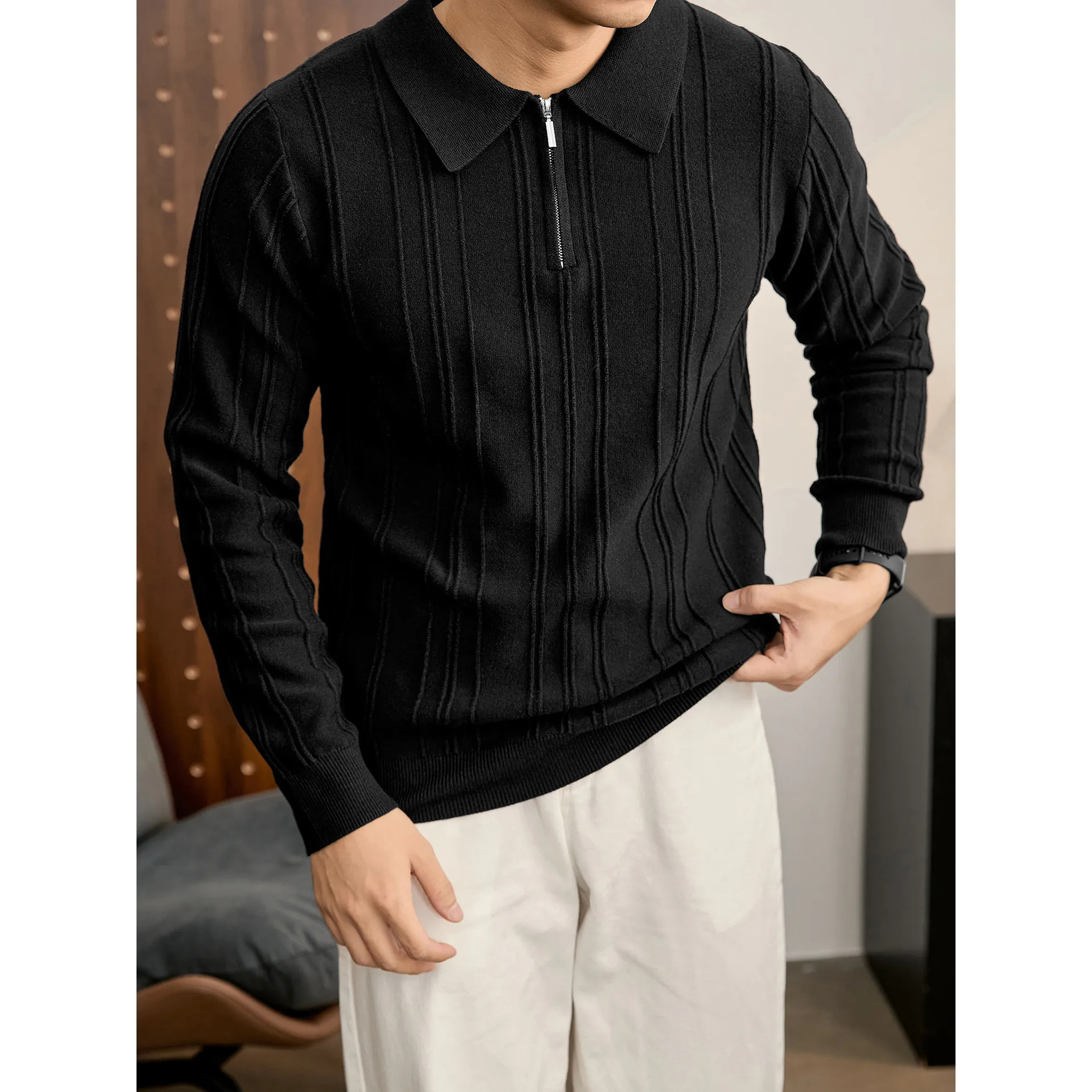 Retro-style half-zip polo knit sweater for men, autumn and winter, with vertical texture and anti-pilling-UC00130