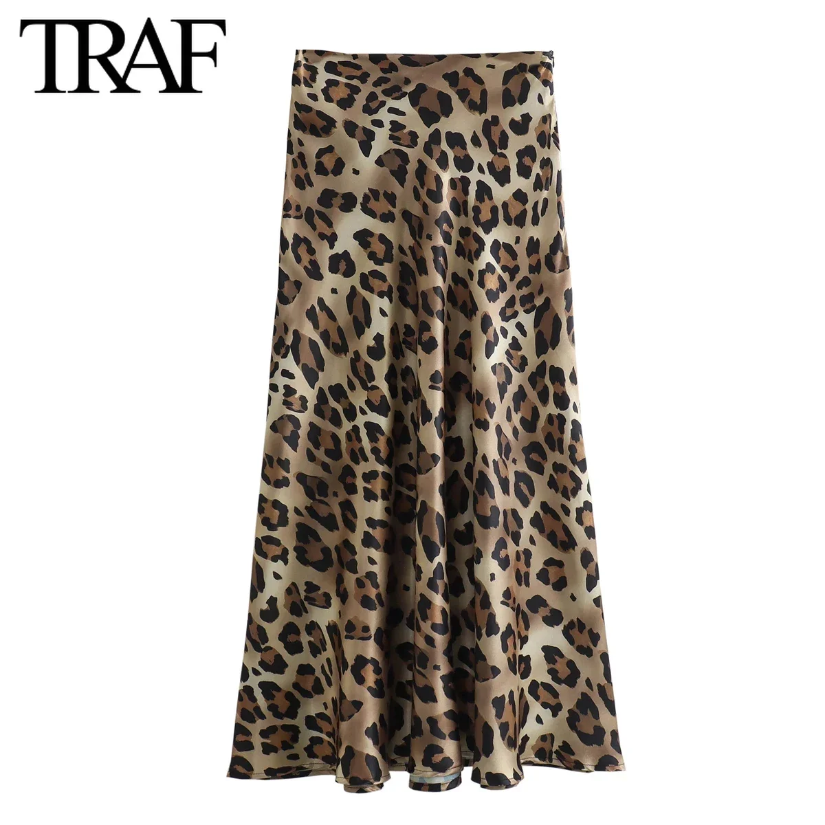 TRAF Women\'s Fashion Spring New Leopard Side Zip Vintage Midi Chic Female High Waist  Elegant A-line Long Skirt Mujer