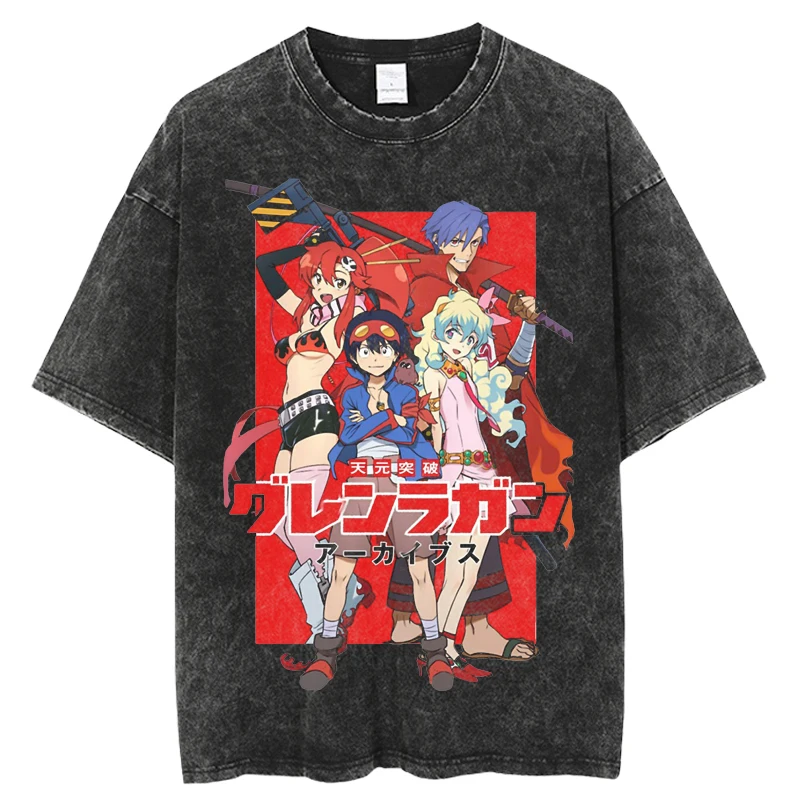 Japanese Anime Tengen Toppa Gurren Lagann T-shirt men Harajuku Washed Graphic Tee Shirt Oversized T-shirt Streetwear Tops Black