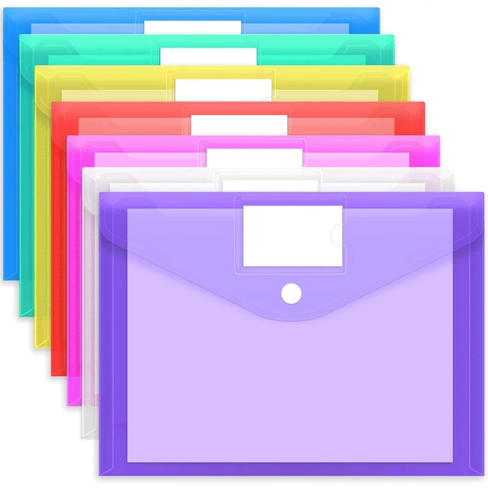 

7pcs Plastic Envelopes Poly Envelopes, Clear Document File Folders with Hook & Loop Closure, A4 Size with Label Pocket