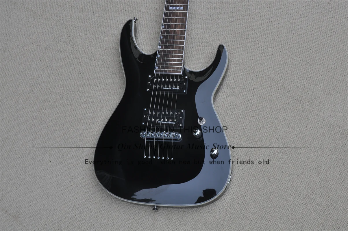 7 Strings Black Electric Guitar Maple Neck Set In Basswood Body  Rosewood Fingerboard  Fixed Bridge Strings Though Body