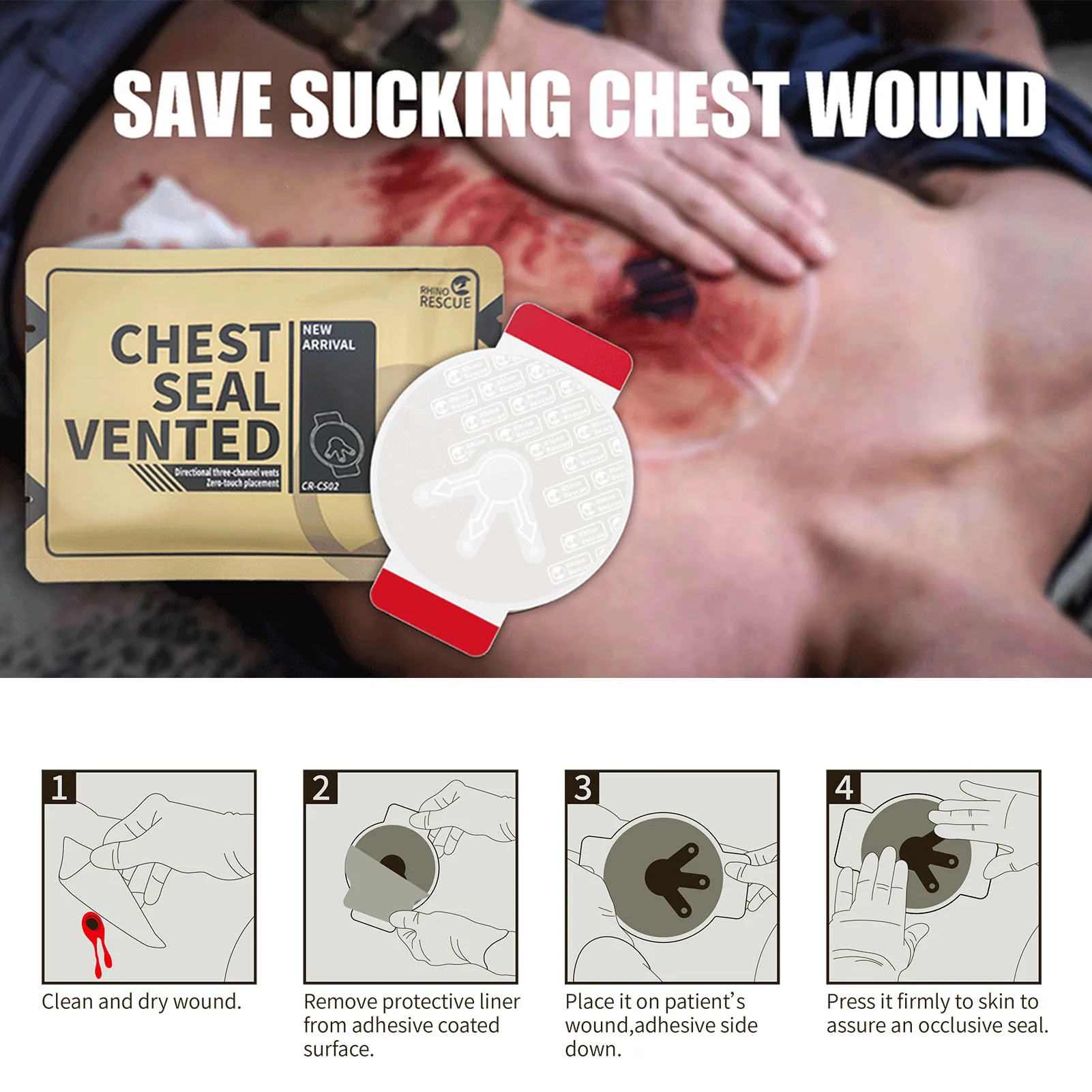 Rhino Rescue Vent Brust dichtung Twin Pack,Trauma-Verband, Erste-Hilfe-Kit steril, Wund versorgung Ifak Nachfüllkit, 6 Zählung