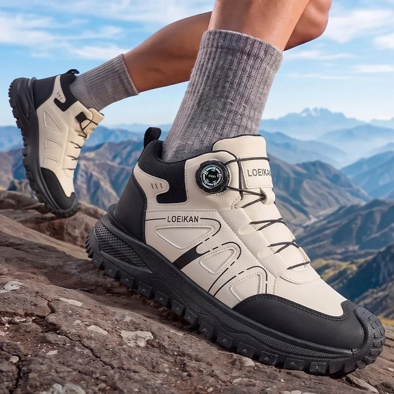 Herren High-Top Stiefel mit Drehverschluss aus PU-Leder, stoßfest, rutschfest, mit dicker Sohle, lässige Herren-Knöchelschuhe – Detail 1