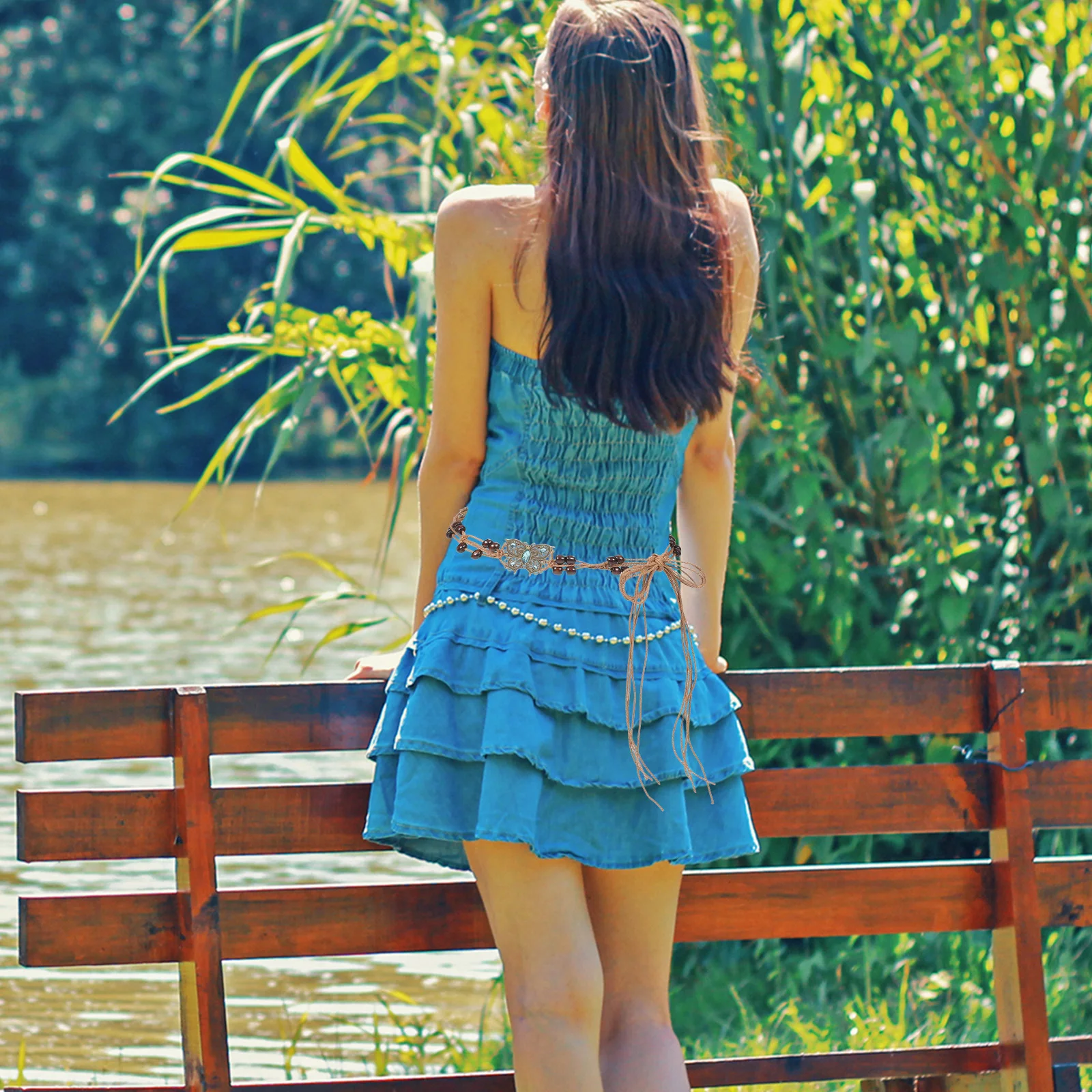 

Bohemian Braided Waist Belt Woven Chain Women Blue Butterfly Decorative Rope Wax Durability For Dress Casual Everyday Use