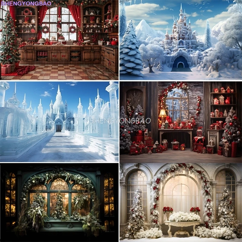 

Festive Christmas Room Fireplace Photography Backdrops Winter New Year Holidays Party Xmas Tree Window Photo Background BR-20