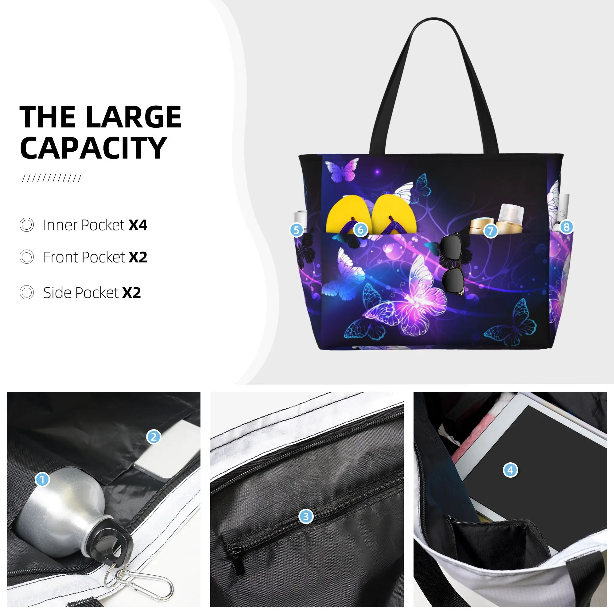 Flying Butterfly Personalized Beach Bag Waterproof Sandproof Women Tote Bag Pool Bags with Zipper for Travel Vacation Gym Swim