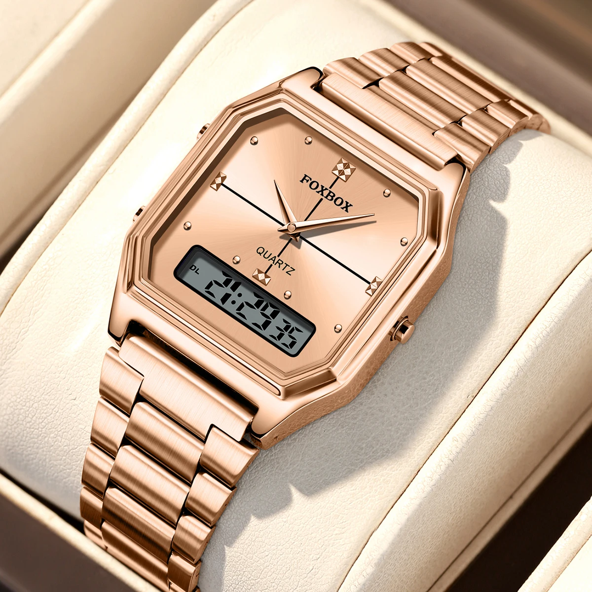 FOXBOX Top Brand Luxury Stainless Steel Chrono 3 Time Display Digital Wristwatches For Men Women 3bar Waterproof Reloj Hombre