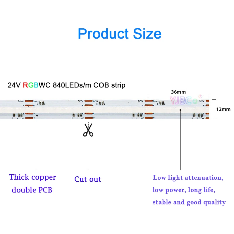 

24V 5M RGBCCT 5 in 1 COB LED Strip RGBWC 840LEDs/m high brightness FCOB atmosphere colorful Light Flexible Lights Tape 12mm PCB