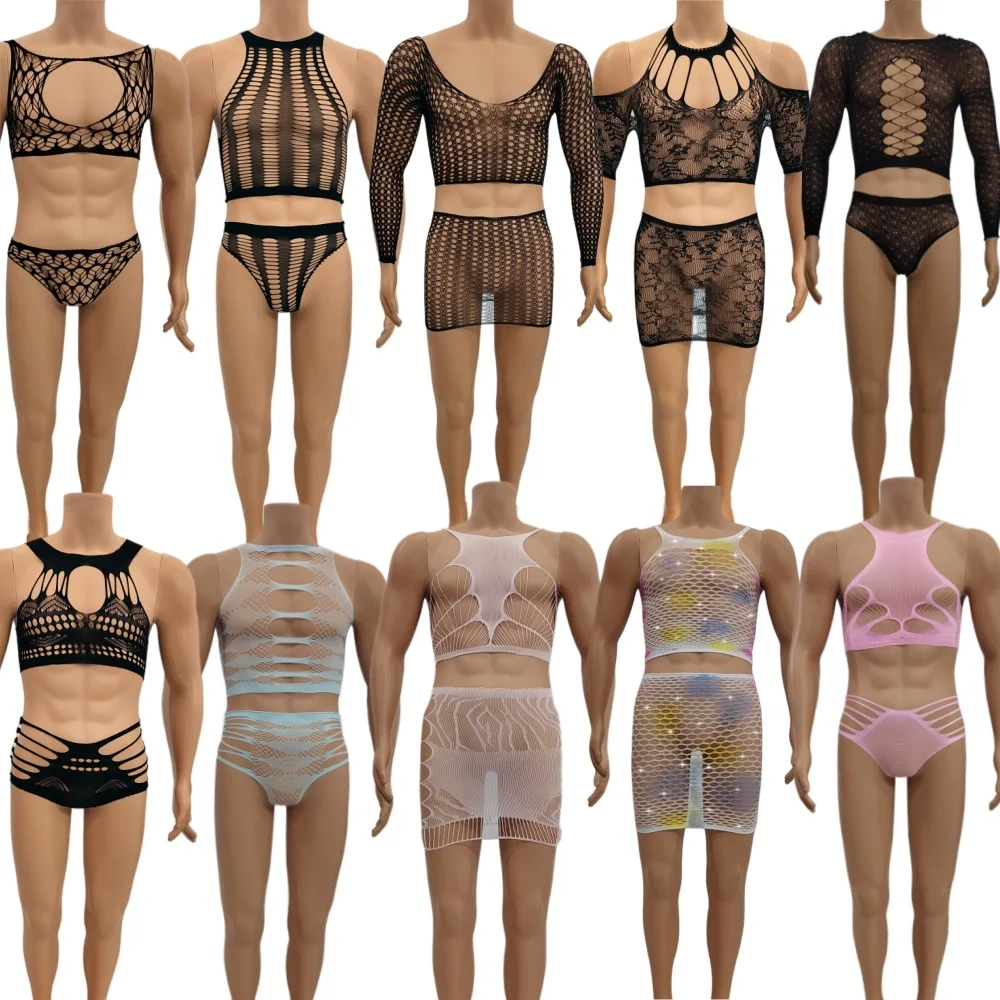 Sexy Tight-Fit Loungewear Set, Hollow Out Rhinestone Sheer Mesh, Multiple Patterns Split Pajamas, Sizes XS/S/M Available