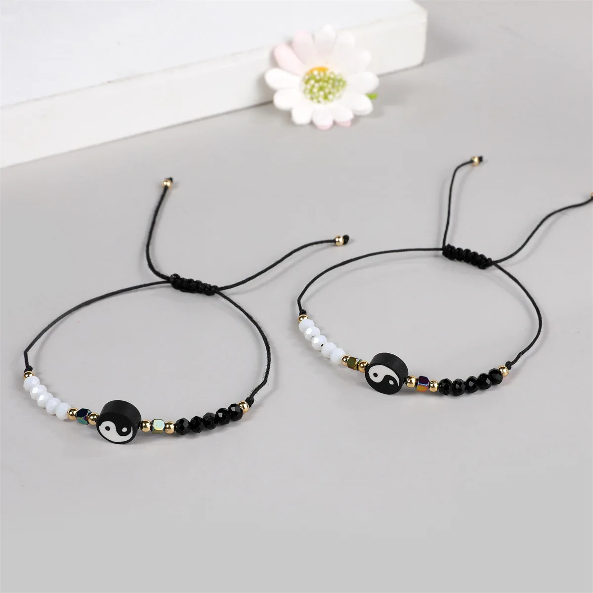 12 pieces /set black and white crystal polymer clay alloy Drop oil Tai Chi Bagua woven bracelet set jewelry