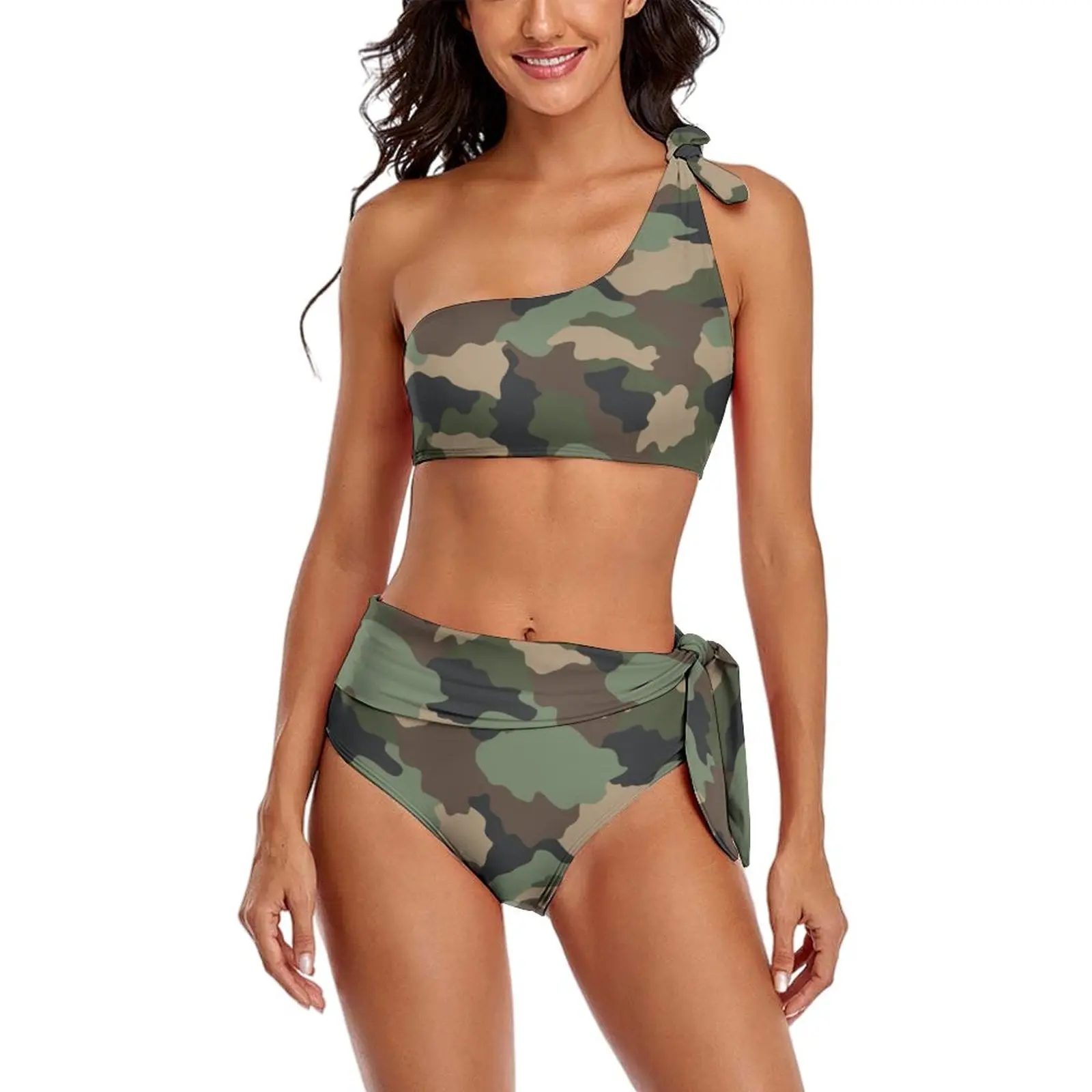 Woodland Camo strój kąpielowy Bikini wojskowy kamuflaż jedno ramię stroje kąpielowe Sexy Bikini Set kobiety Push Up kobiece Bikini Biquini