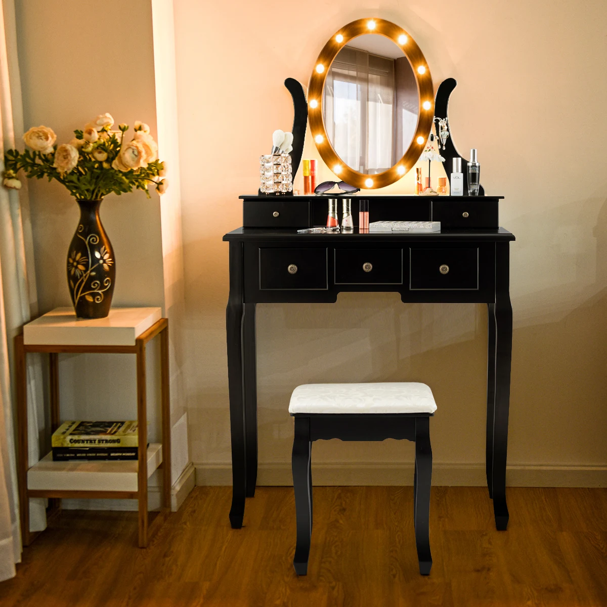 

Vanity Set Makeup Dressing Table W/5 Drawers & Lighted Mirror 12 LED Bulbs Black