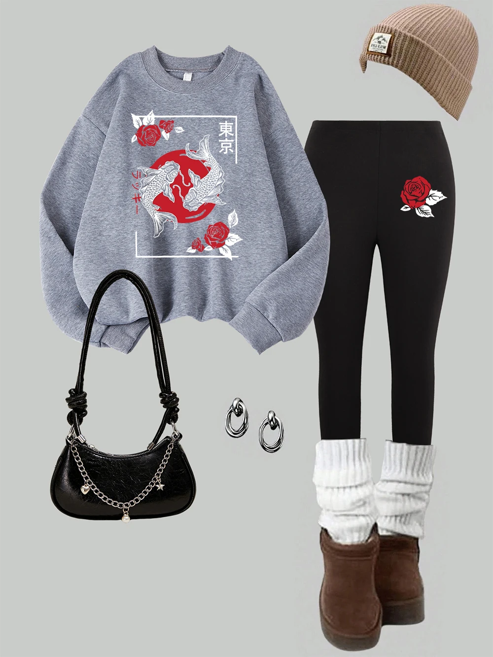 2 Piece Womens Tokyo Koi Koi Fish Rose Harajuku Prints Sweatshirt Leggings Set Street Fleece Thermal Hoodie Pants Winter Clothes