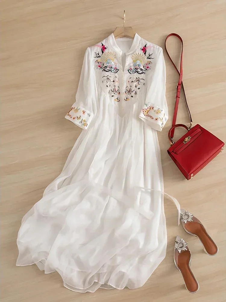 

2024 New Summer Chinese Style Embroidery Chiffon Dress National Art Chic Women White Loose Casual Ethereal Pleated Long Dresses