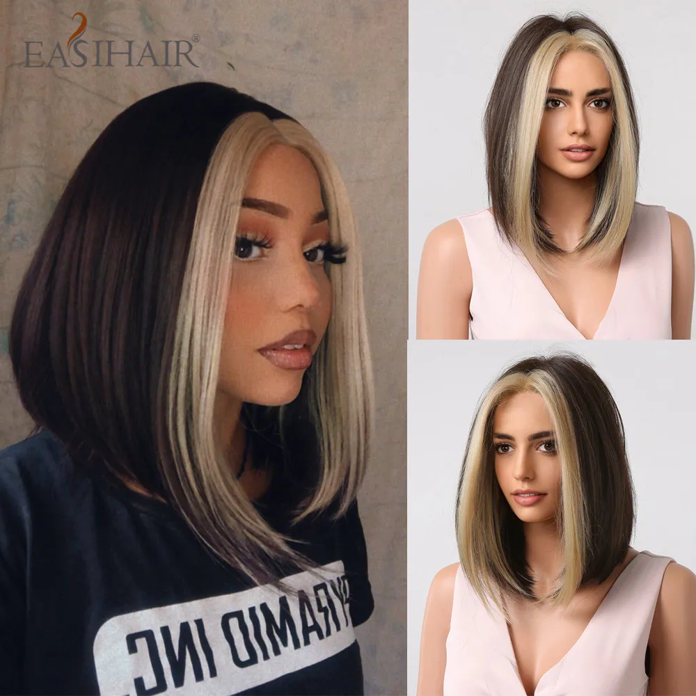 EASIHAIR Wig Sintetis Lurus Pendek Wig Bob Bagian Tengah Pirang Sorot Coklat untuk WANITA HITAM Serat Tahan Panas Sehari-hari