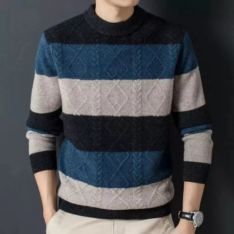 

Autumn Winter New Men Sweater Pullovers O-Neck Patchwork Striped Contrast Color Fashion Thicken Warm Long Sleeve Knitted Top