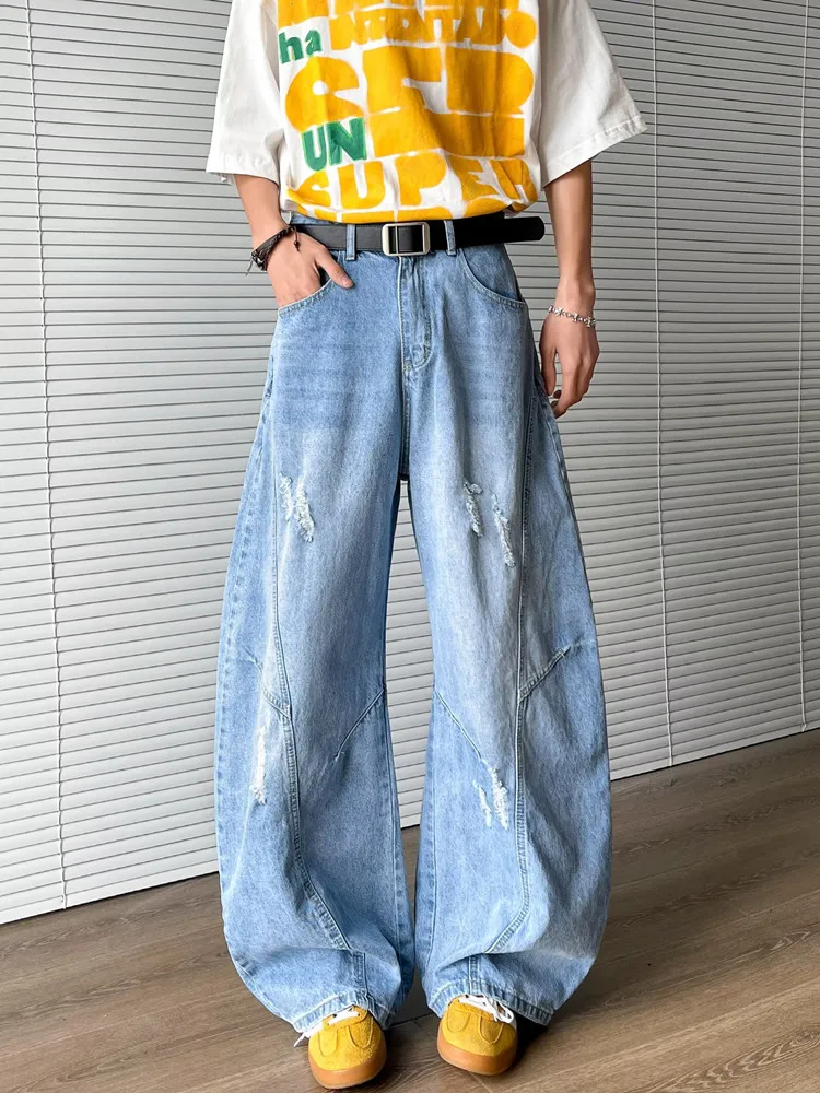 Trashy Y2K 2000S Streetwear Washed Blue Baggy Ripped Stacked Jeans Pants For Men 90S Vintage Clothes Wide Leg Old Denim Trousers