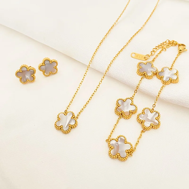 3Pcs Luxury Five Leaf Flower Pendant Necklace Earrings Bracelet for Women Gift Trendy Stainless Steel Jewelry Sets 2023 New