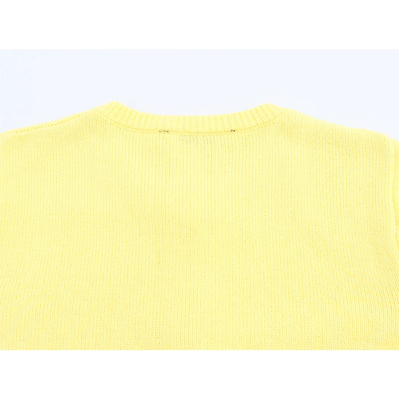 YENKYE 2025 Women Faux Pearl Bow Knit Cardigan Short Sleeve Round Neck Elegant Casual Yellow Top