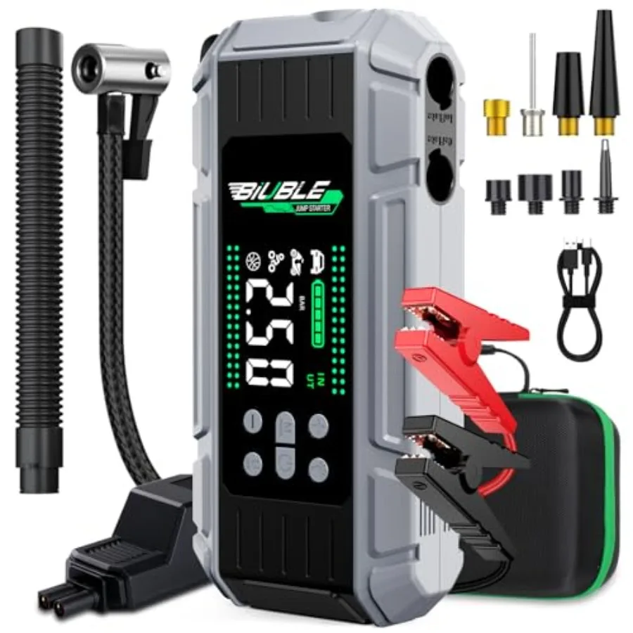 

Portable 8000A Jump Starter with Air Inflator Deflator Compressor for Cars: 65W Fast Charging 24800mAh HighCapacity Battery Jum