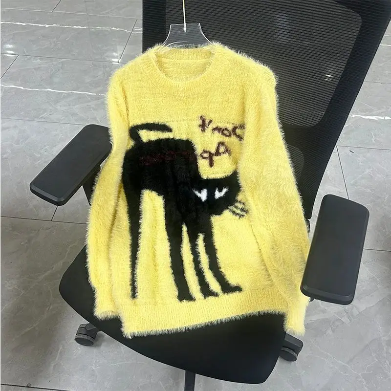 DAYIFUN Yellow Sweaters Women Autumn Mink Plush Cat Pattern Knit Pullovers Winter Long Sleeve Oversize O Neck Loose Lady Jumpers