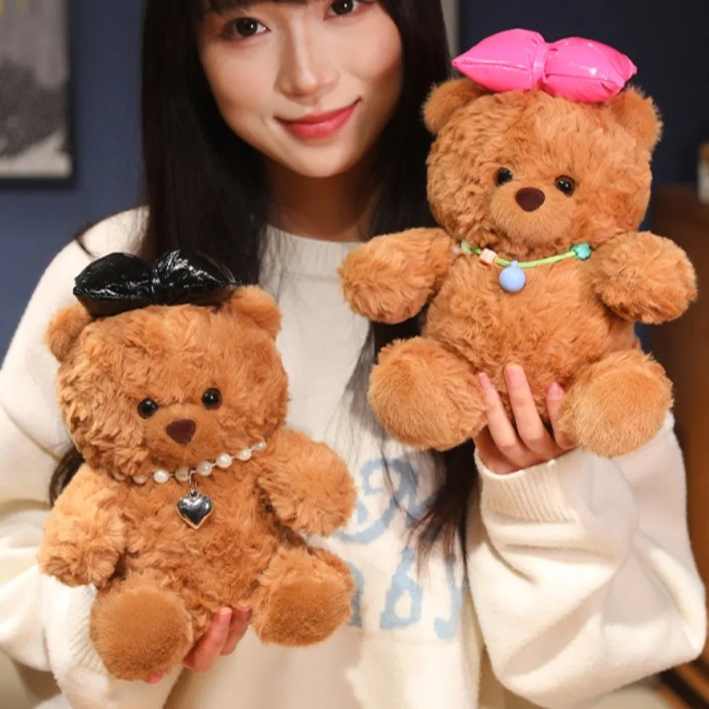 かわいい着せ替えクマのぬいぐるみ、リボンとパールネックレス付き、漫画風カメラのぬいぐるみ、バレンタインや誕生日プレゼントに