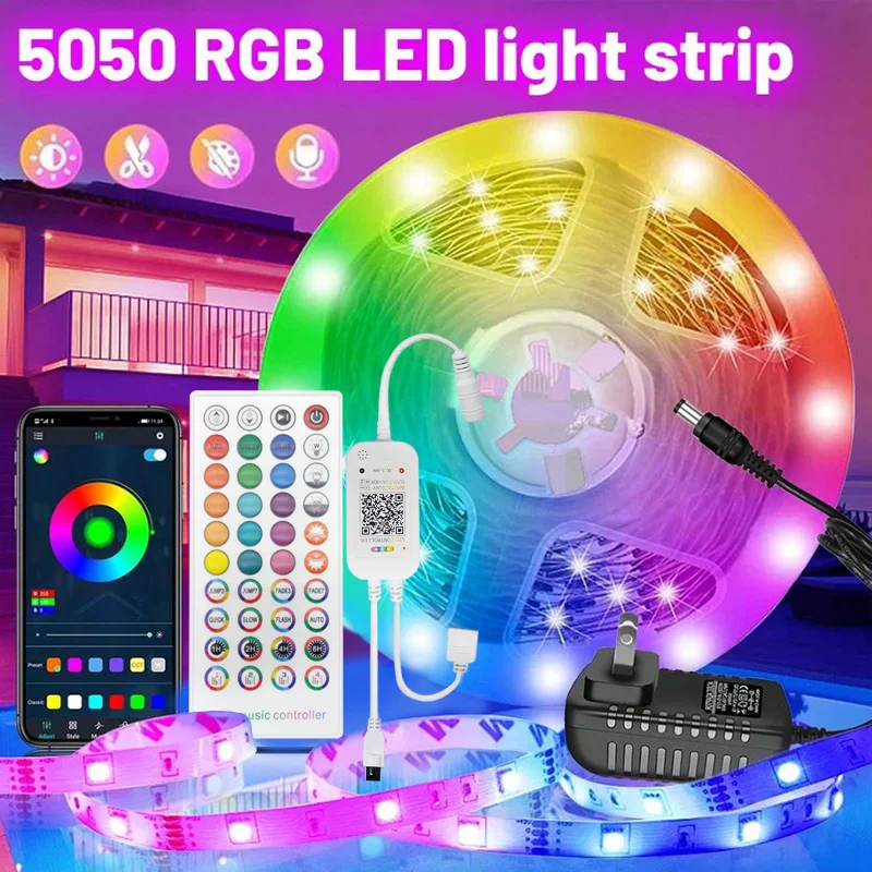 

Светодиодная лента постоянного тока 12 В RGB 5050, синхронизация музыки, меняющая цвет, чувствительное управление через приложение, Bluetooth, гибкая светодиодная лампа для украшения дома