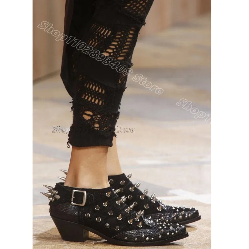 Escarpins à rivets noirs avec boucle à la cheville, bout pointu, talons bas, Style britannique, nouvelle mode printemps, robe décontractée, Zapatos Para Mujere