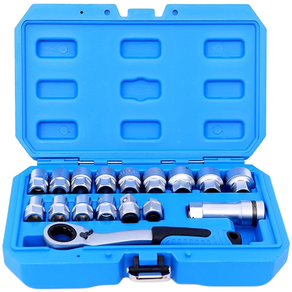 3/8 Inch Drive Socket Set with 13 Straight Through Sockets 1 Ratchet 1 Extension 1 Adapter for Mechanical Automotive Use